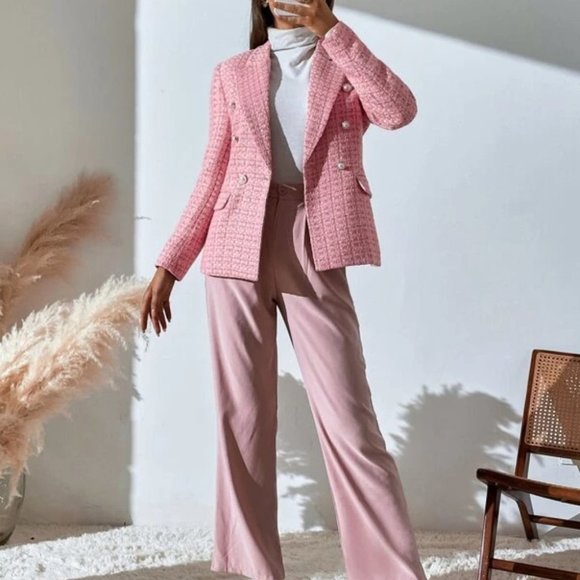 Pink Tweed Plaid Double Breasted Blazer - Picture 4 of 6